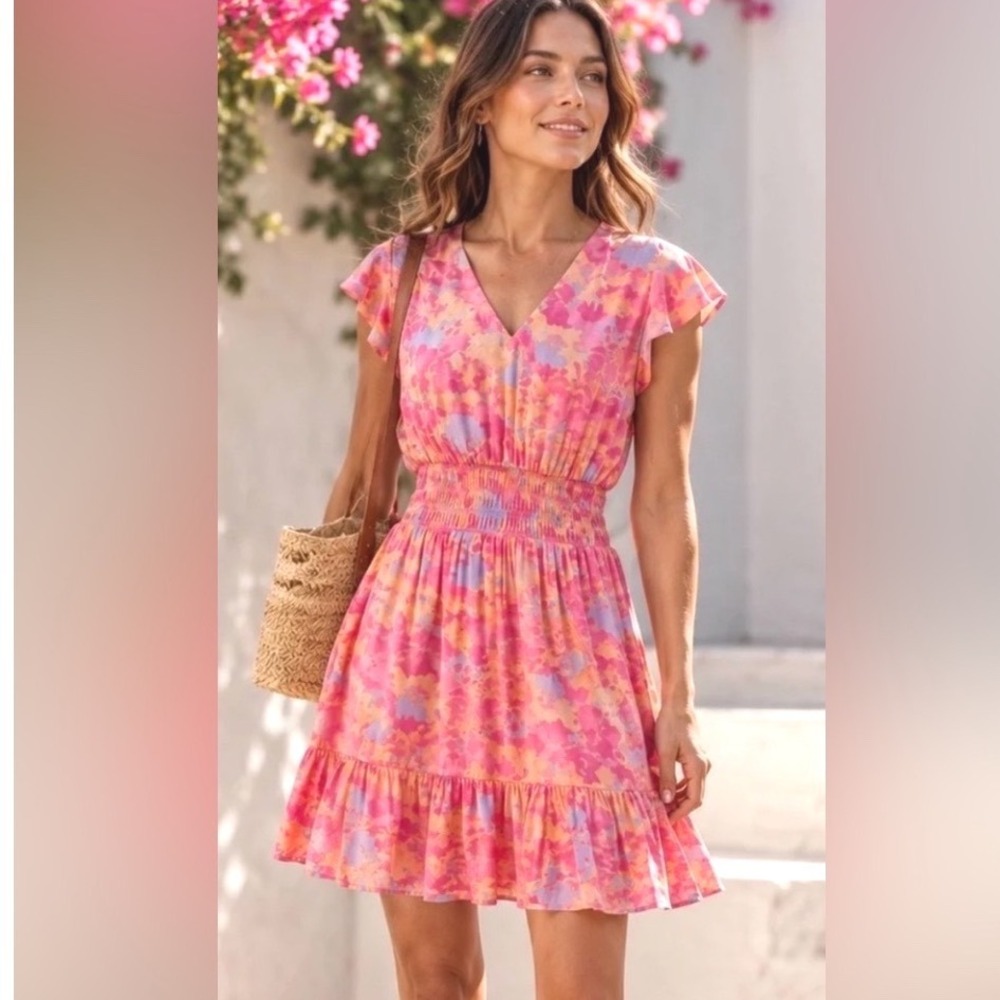 Rails Tara Dress Passion Flower Pink Orange Mini Smocked V-Neck Flutter XS